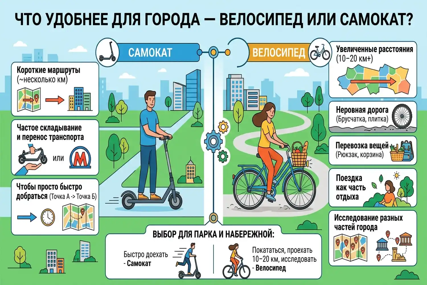 что удобнее для города — велосипед или самокат