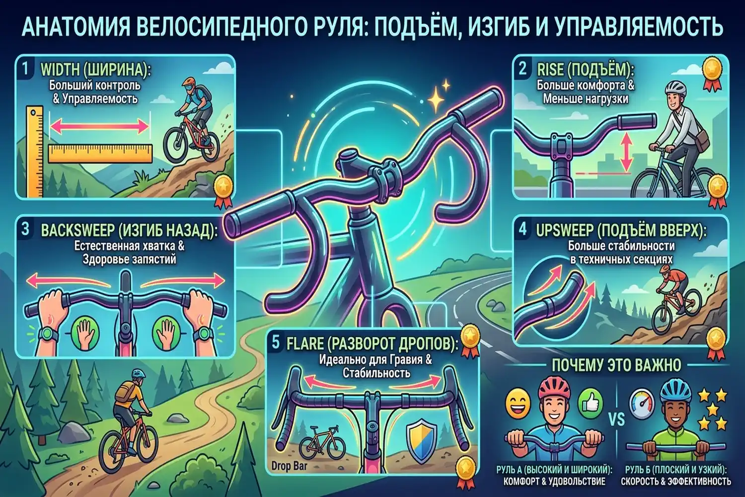 подъём, изгиб и другие параметры руля